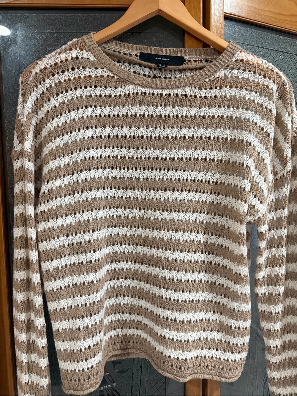 Vero Moda Brown & White Striped Open-Knit Sweater Medium
